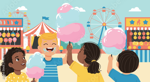 Children enjoying cotton candy at a colorful amusement park