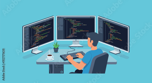 Man sitting at desk with multiple computer monitors coding