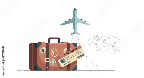 Travel concept with suitcase airplane and world map isolated on white background