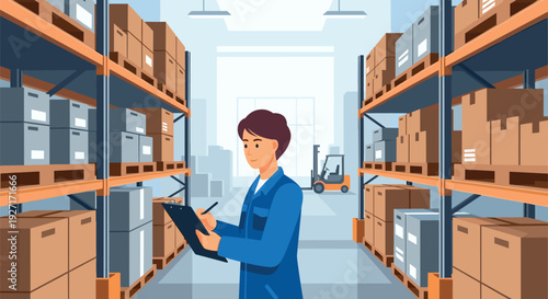 Man in blue uniform checking inventory in a warehouse aisle with shelves