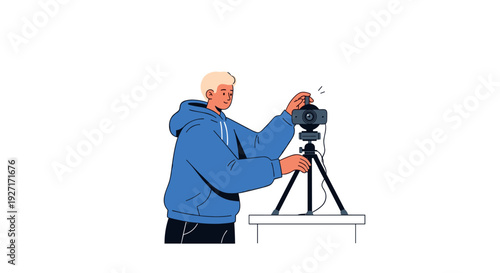 Man adjusting camera on tripod standing on table indoors