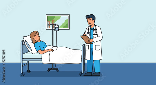 Doctor and patient in a hospital room with medical equipment