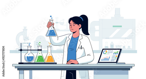 Female scientist working in laboratory with colorful chemicals
