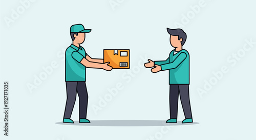 Two delivery men exchanging a package outdoors