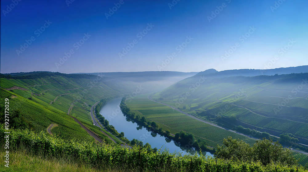 Fototapeta premium Rolling Green Hills with Misty Valley Landscape