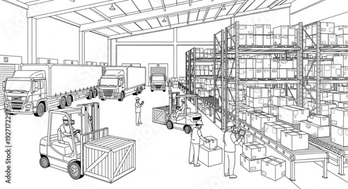 Warehouse interior with forklifts and stacked boxes, ready for shipment and distribution.