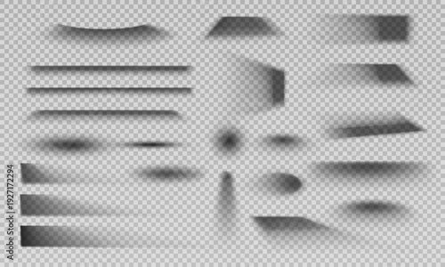 Collection of realistic soft drop shadows and overlay light effects isolated on transparent background