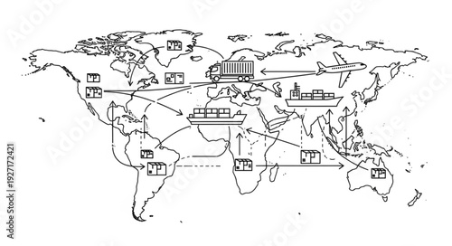 Global trade and transportation network illustrating international shipping routes and logistics.
