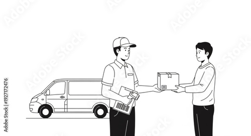 Delivery man handing package to customer, showing the transaction process in progress.