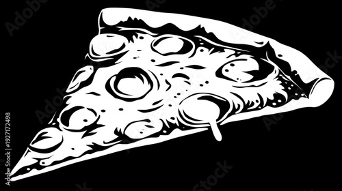 A black and white illustration of a pizza slice with toppings against a dark background