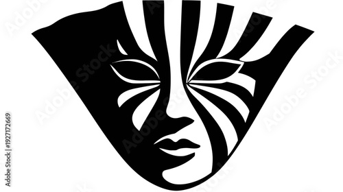 A striking black and white mask design, with stripes, a defined face, and a triangular shape