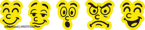 Cute Yellow Faces Expressing Various Emotions: Joy, Anger, Surprise, Sadness