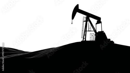Silhouetted image depicts an oil pump on a hill with a minimalist, black and white aesthetic