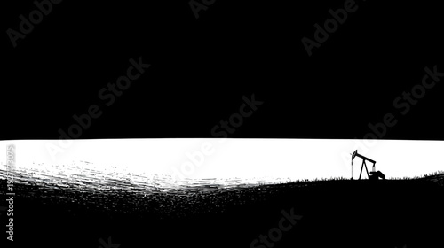 Silhouetted image depicts an oil pump in the distance, abstract field beneath a dark sky