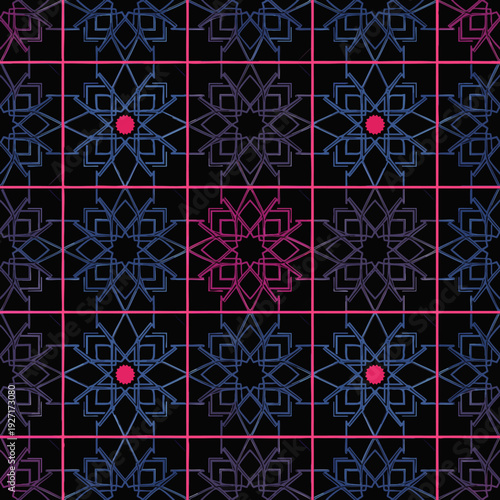 Seamless geometric pattern with abstract snowflake-like shapes in vibrant blue and pink on a dark black background, modern digital design for textiles or wallpaper