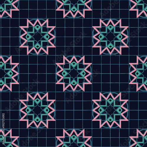 Modern abstract seamless pattern with vibrant pink and teal geometric star motifs over a dark grid, ideal for contemporary digital and textile designs, wallpaper, and web backgrounds.