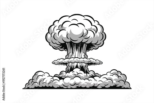 Vector graphic of a nuclear explosion mushroom cloud on a plain white background ideal for design elements and creative projects requiring a dramatic visual effect.