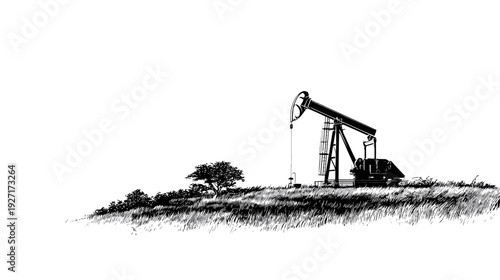 A monochrome illustration showcasing an oil pump jack on a grassy hill with a small tree