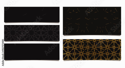 Elegant black and gold geometric pattern banners and backgrounds. Luxurious abstract design with intricate golden lines on dark modern templates for web, print, and branding.