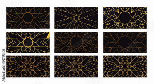Set of nine elegant Art Deco golden geometric line patterns on black background. Luxurious vintage style banners and templates for design projects.