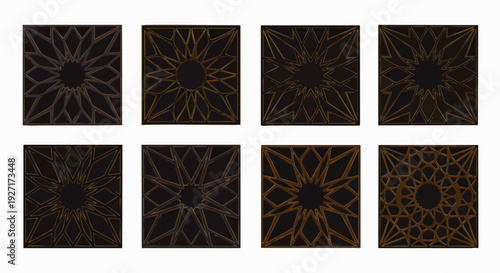 Elegant collection of eight seamless geometric patterns with intricate golden lines on dark backgrounds, luxury design, vintage ethnic decor, abstract art.