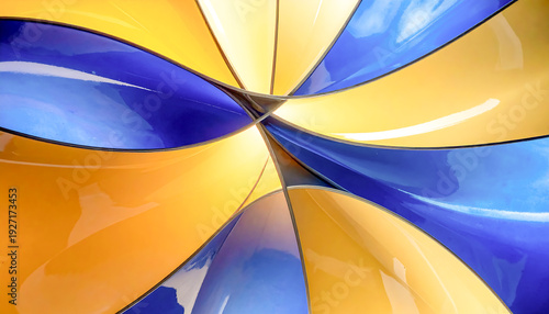 A glossy abstract composition of curved blue and yellow panels twisting toward the center, creating a bright modern geometric pattern with reflective surfaces.