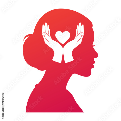 Silhouette of a woman's head with hands holding a heart inside, symbolizing care and love