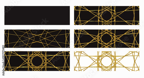 Elegant black and gold abstract geometric line art banners collection for luxury design, modern backgrounds, web headers, and stylish invitations.