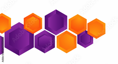 Abstract background with overlapping purple and orange hexagons in a dynamic arrangement