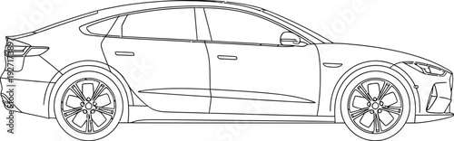 Detailed side profile line art illustration depicting a sleek modern four door electric sedan vehicle ready for coloring or graphic design customization projects