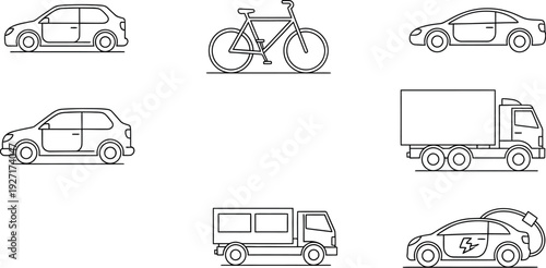 Simple black line art icons collection depicting various modes of transportation including bicycles cars and different types of trucks on a light background