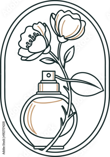 Elegant minimal line art logo design featuring a delicate floral element intertwined with a classic perfume atomizer bottle enclosed within an oval frame suitable for beauty branding.