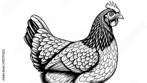 Detailed Black and White Illustration of a Hen, Farm Animal Portrait