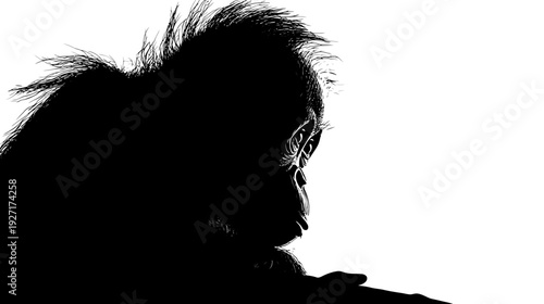A silhouette of a primate's face and body against a white backdrop, high contrast art