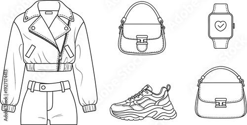 Fashion concept design featuring a cropped motorcycle style jacket with matching shorts set alongside chunky platform sneakers, two different handbags, and a modern fitness smartwatch outline.