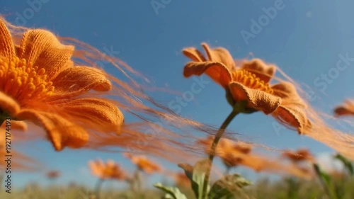 Orange knitted flowers swaying in breeze against blue sky background in cinematic sunlight