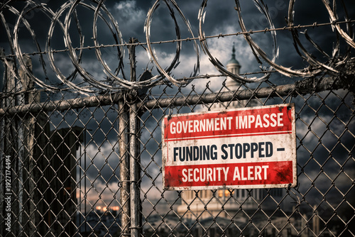 Government impasse funding stopped security alert sign on concertina wire fence with U.S. Capitol dome under stormy sky symbolizing government shutdown border security deadlock funding stopped