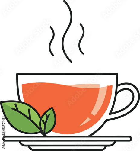 Simple line art icon depicting a steaming cup of orange herbal tea resting on a saucer accompanied by two fresh green mint leaves for decoration.
