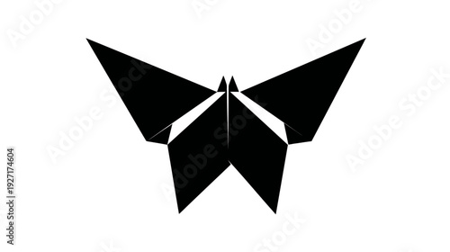 A geometric butterfly design, constructed from black, angular shapes against a white background