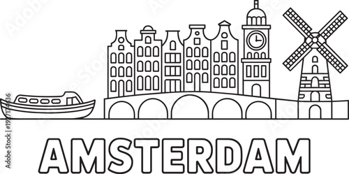 Amsterdam cityscape line art with canals bridge and windmill iconic Dutch city skyline