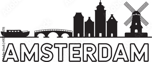 Amsterdam cityscape silhouette with canals bridge and windmill iconic Dutch city skyline