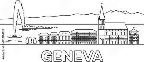 Geneva city line art skyline featuring lake geneva fountain and swiss mountain range outlines