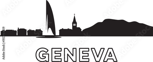 Geneva switzerland skyline silhouette featuring jet deau fountain and lake mountains landscape