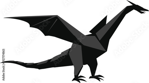 A grayscale illustration of a geometric dragon, wings spread, in a sideways stance