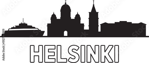 Helsinki finland skyline silhouette with cathedral and cruise ship vector icon illustration