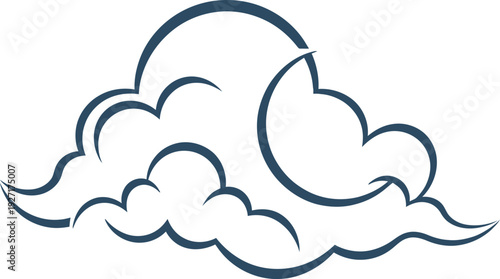 Stylized cartoon illustration of a silver crescent moon partially obscured by soft, layered gray and light blue clouds creating a serene nighttime weather icon design.