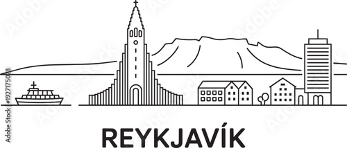 Reykjavik skyline line art detailed icelandic landmarks historic and modern buildings vector graphic