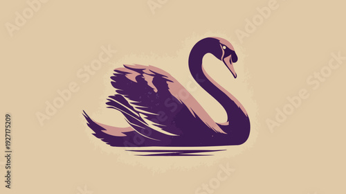 A stylized illustration features a swan, rendered in muted purples and pinks, on a neutral background