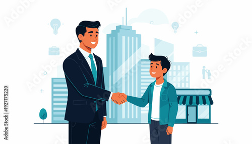 Vector illustration of a professional businessman in a suit shaking hands with a small business owner or young entrepreneur, city skyscrapers and local shop background, partnership and growth.