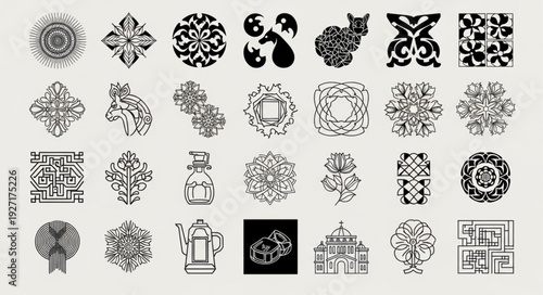Collection of intricate black and white ornamental design elements for various creative projects.